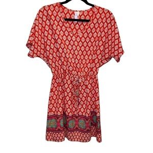 Alya Francesca's Orange and White Geometric Boho Tie Waist Dress Small